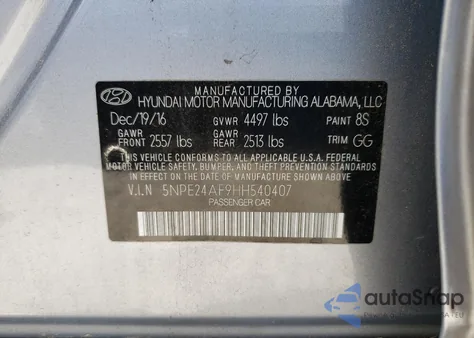 2017 Hyundai Sonata Se from USA, damaged, VIN 5NPE24AF9HH540407